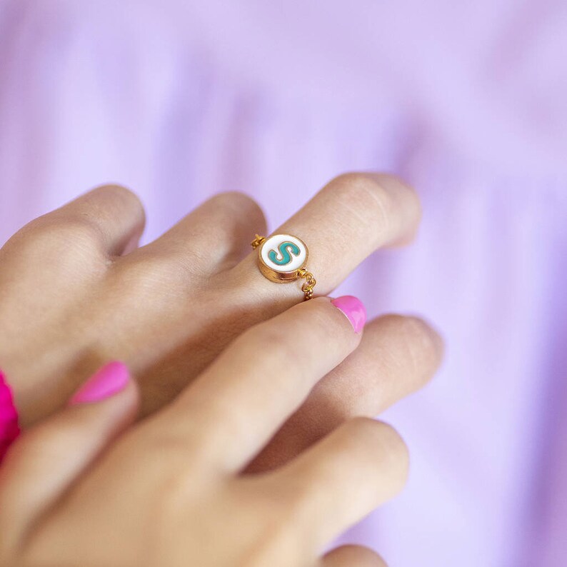 Round enamel initial chain slider ring image 2