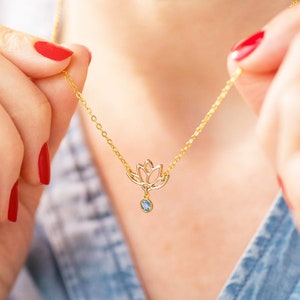 Dainty lotus necklace with birthstone detail