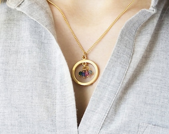 Gold circle family birthstone charm necklace
