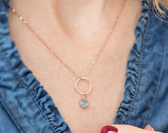 Rose gold circle circle necklace with birthstone charm