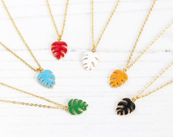 Dainty monstera leaf enamel necklace