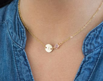 Gold initial disc birthstone necklace