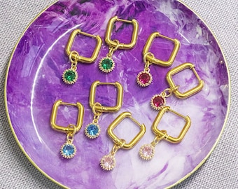 Square huggie earrings with birthstone detail