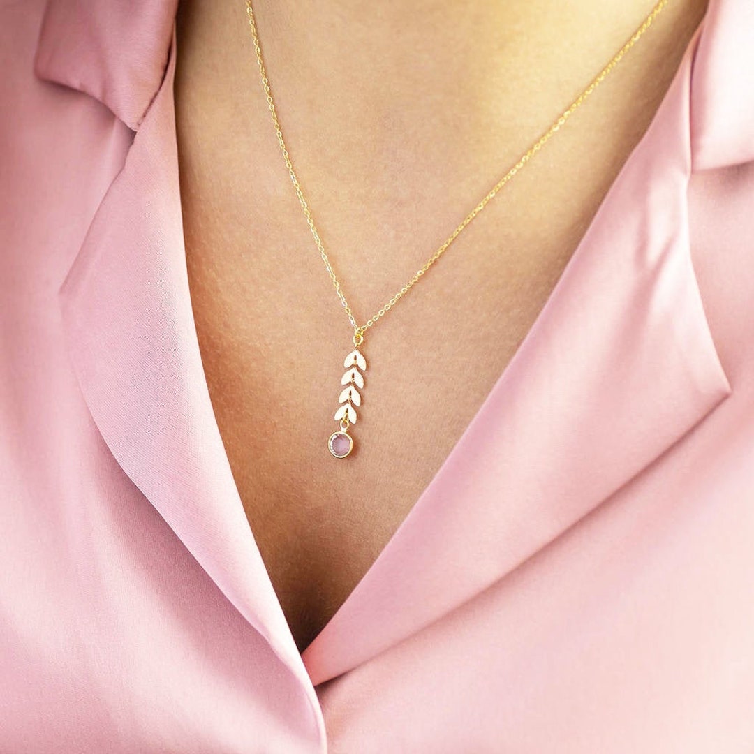 Gold or Silver Leaf Chain Necklace With Birthstone Detail Etsy UK