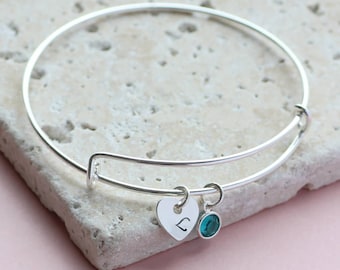 Personalised heart birthstone charm bangle