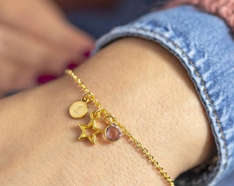 Personalised gold star birthstone charm bracelet