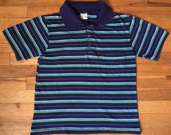Vintage 1960s-70s JC Penney Striped Polo, Navy Baby Sky Blues & Green, Men’s Medium, Mod Twee Brit Pop Shoegaze