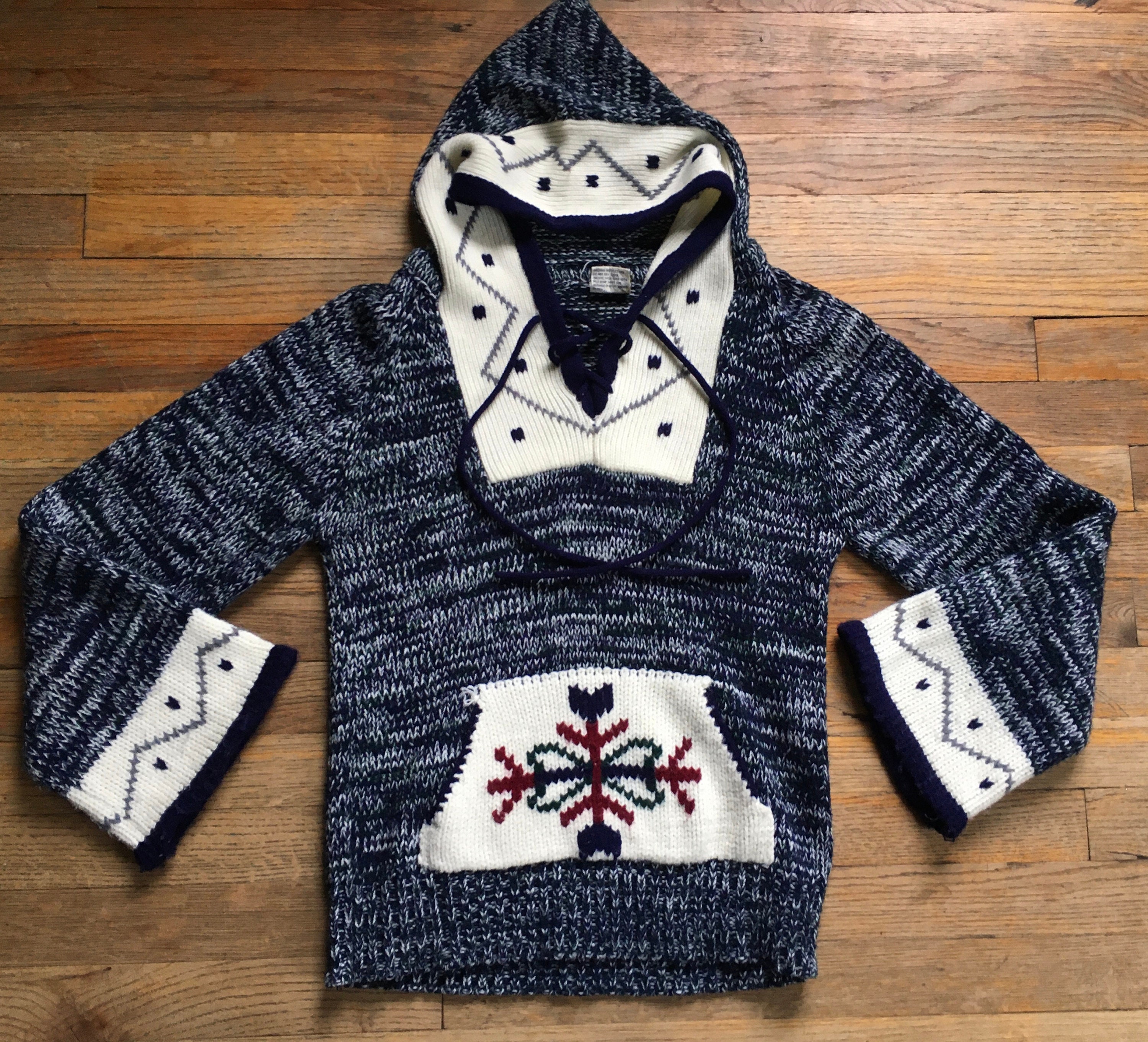 Vintage 1970s Acrylic Knit Pullover Pouched BoHo Hoodie by Marsala, Variegated Blue White Green, Women’s Large