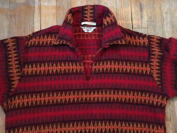 Vintage 1940s Double Loop Collar Woven Wool Tunic Sweater by Puritan Rugged Rangers, Orange Red Yellow Black Geometric Diamond Design, Med