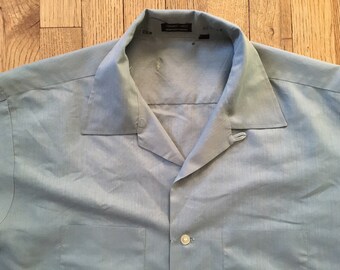 Vintage 1950s Loop Collar Short Sleeve Button Front Shirt, Sharkskin Blue Green, Men’s Large, Rockabilly Greaser Teddy Boy