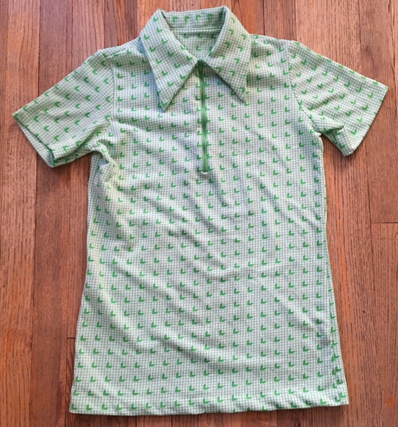 Vintage 1960s 1/4 Zip Polo, Green Apple Grid Patt… - image 2