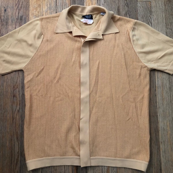 Vintage 1960s Leonardo Strassi Italian Style Ban Lon Textured Knit Button Front Short Sleeve Shirt, Yellow, Medium, Mod Soft Tempo CoolJazz