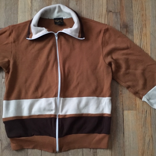 Vintage 1970s Mock Neck Zip-Up Track Jacket by Royalty, Color Block w/ Dark Brown Mocha Beige, Men’s Medium, Mod Brit Pop