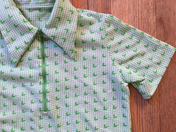 Vintage 1960s 1/4 Zip Polo, Green Apple Grid Patt… - image 5