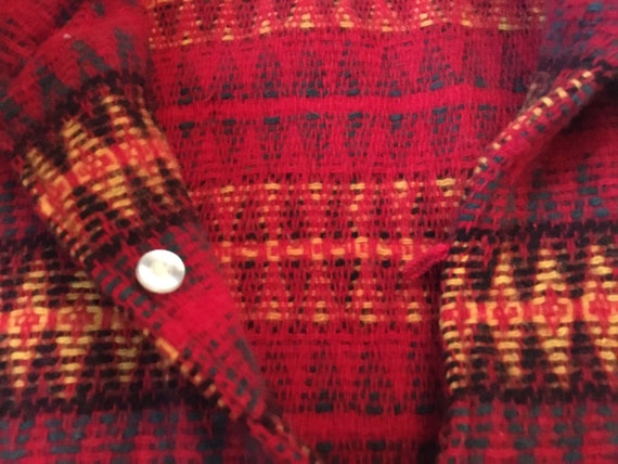 Vintage 1940s Double Loop Collar Woven Wool Tunic Sweater by Puritan Rugged Rangers, Orange Red Yellow Black Geometric Diamond Design, Med View 6