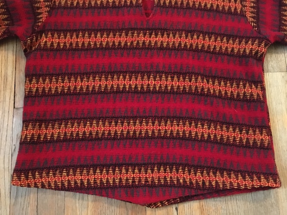 Vintage 1940s Double Loop Collar Woven Wool Tunic Sweater by Puritan Rugged Rangers, Orange Red Yellow Black Geometric Diamond Design, Med View 5