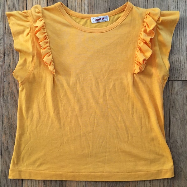 Vintage 1980s Women’s Sleeveless Ruffled Single Stitch 50/50 Top by Jump In, Ochre, Small, New Wave SophistiPop Mall Wave Vaporwave