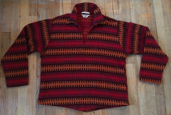 Vintage 1940s Double Loop Collar Woven Wool Tunic Sweater by Puritan Rugged Rangers, Orange Red Yellow Black Geometric Diamond Design, Med View 3