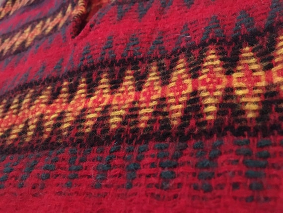 Vintage 1940s Double Loop Collar Woven Wool Tunic Sweater by Puritan Rugged Rangers, Orange Red Yellow Black Geometric Diamond Design, Med View 4