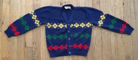 Vintage 1960s Kids’ Cardigan by Mustang, Blue w/ … - image 1