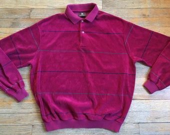 Vintage 1980s Velour Pullover Sweater by High Sierra Mervyn’s, Burgundy w/ Gray & Navy Stripes, Men’s XL, SophistiPop New Wave