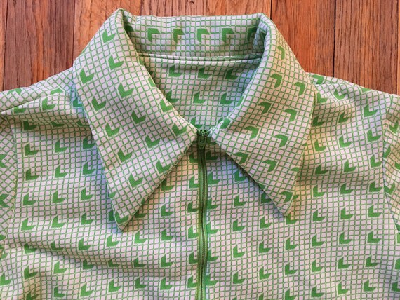 Vintage 1960s 1/4 Zip Polo, Green Apple Grid Patt… - image 3