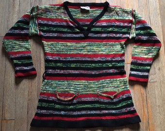 Vintage 1960s Kmart Women’s BoHo V-Neck Pullover Sweater, Multicolored Striped Variegated Acrylic Knit, Medium Mod A Go-Go Hippie