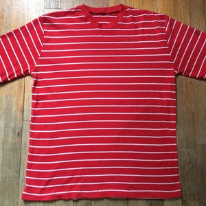 Vintage 1960s-70s Striped Single Stitch 50/50 T-Shirt, Red w/ White, Unisex, Men’s Large-Soft and Stretchy -Mod Surf Skate Sunshine Pop