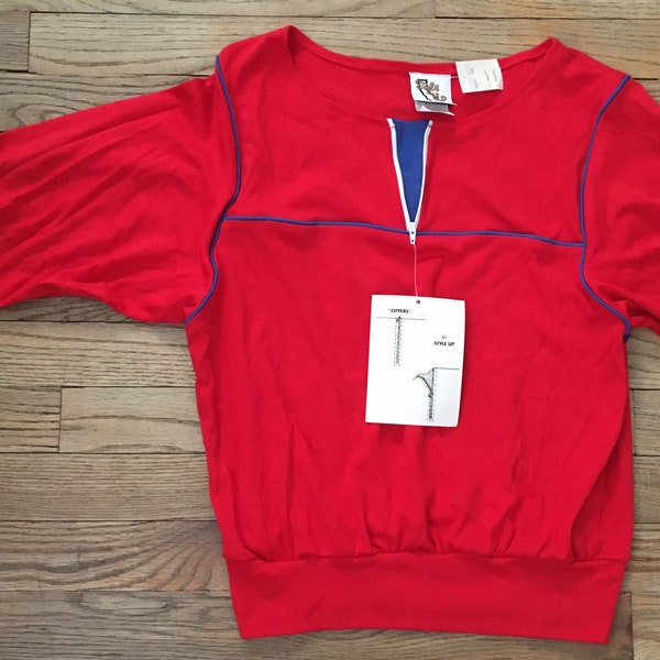 New With Tags Vintage 1980s Women’s 50/50 Top, 3/4 Sleeve by Style Up, Red w/ Blue Piping, Medium, New Wave SophistiPop