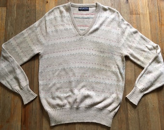 Vintage 70s-80sV-Neck Sweater by Puritan, Beige w/ Variegated Stitch Design of Brick Red and Teal, Unisex, Men’s Large Mall Soft SophistiPop
