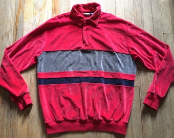 Vintage 1980s TownCraft Velour Pullover Sweater, Color Block Red Gray White, Men’s Large to Extra Large, New Wave Twee Preppy