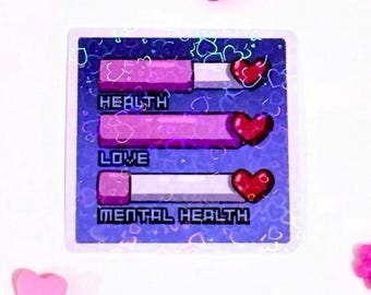 ¡Salud Mental Baja! Pegatina Holográfica - Ansiedad - TEPT - Depresión - Neurodivergente - Barra de Salud Kawaii - Vinilo Holográfico Impermeable de 5 cm
