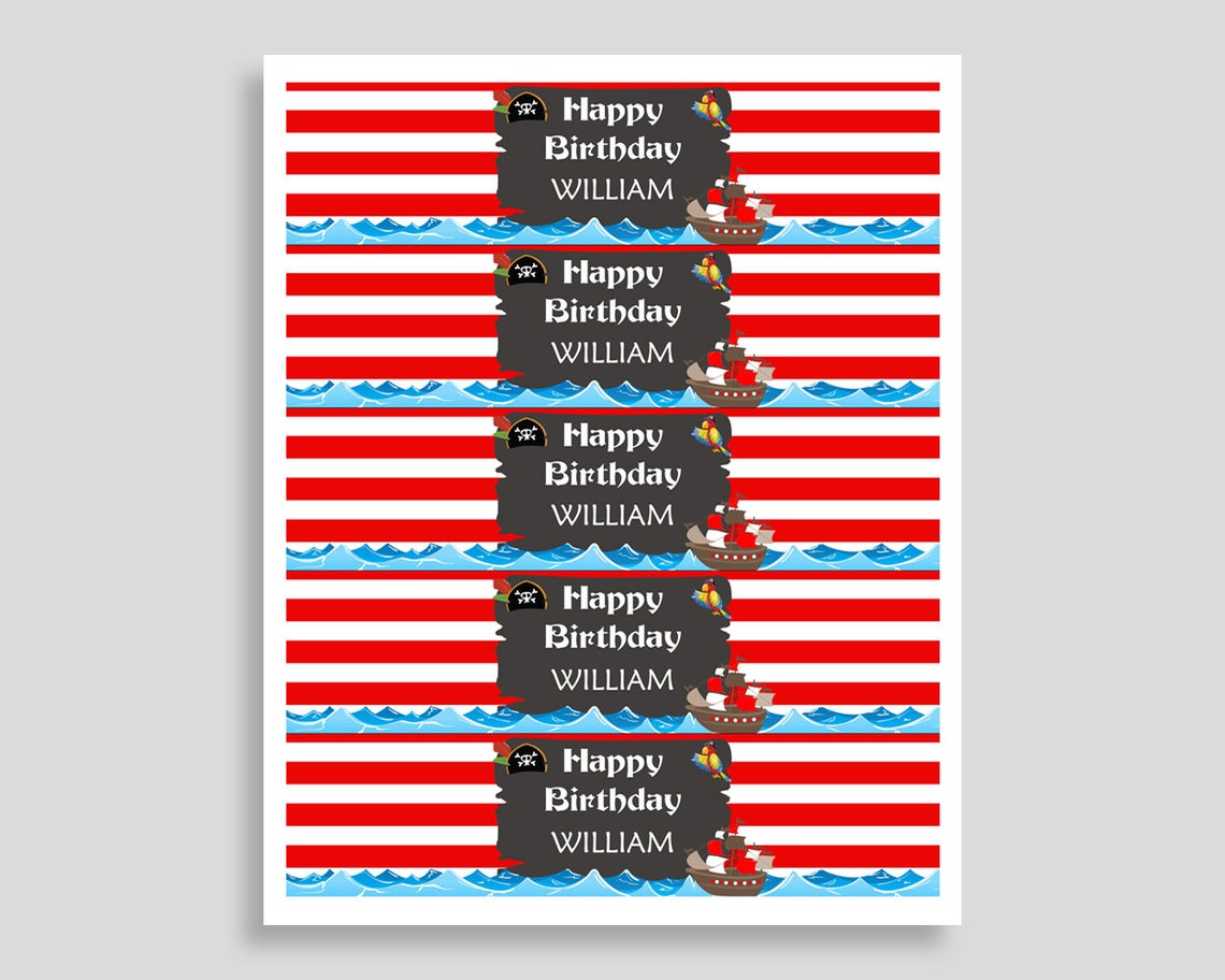 Printable Pirate Water Bottle Labels Pirate Bottle Wraps Red Etsy