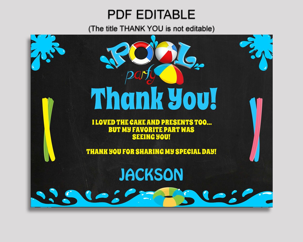 Pool Bash Thank You Card Pool Bash Birthday Thank You Black Etsy Singapore