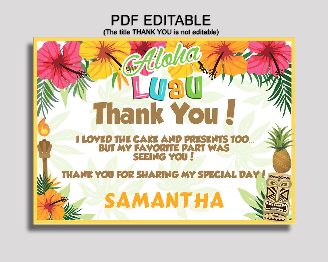 Hawaii Thank You Card Luau Birthday Thank You Rainbow Beige Etsy