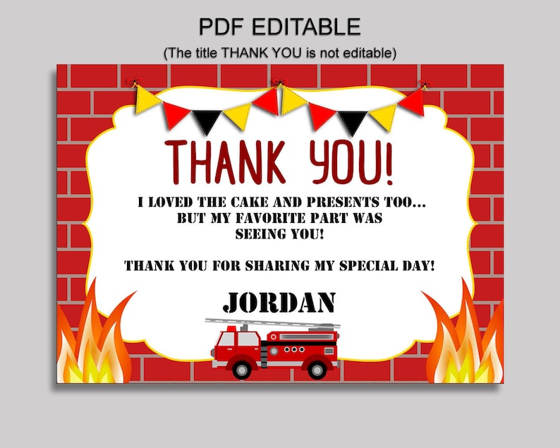 Firetruck Thank You Card Firetruck Birthday Thank You Red White Editable Firetruck Printable Thank You Boy fire alarm party HV9E7