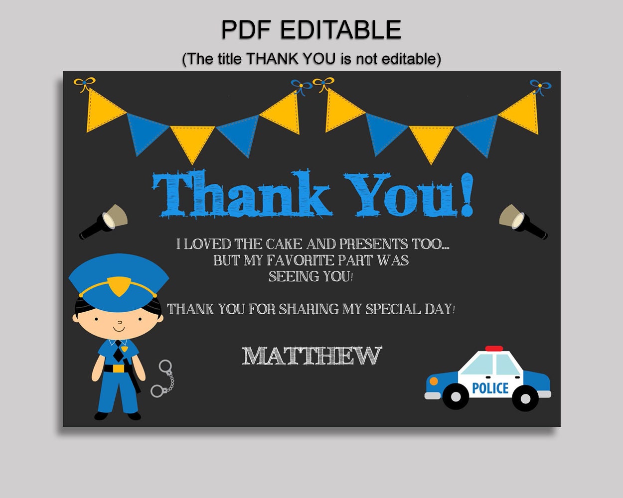Police Thank You Card Police Birthday Thank You Black Blue Etsy