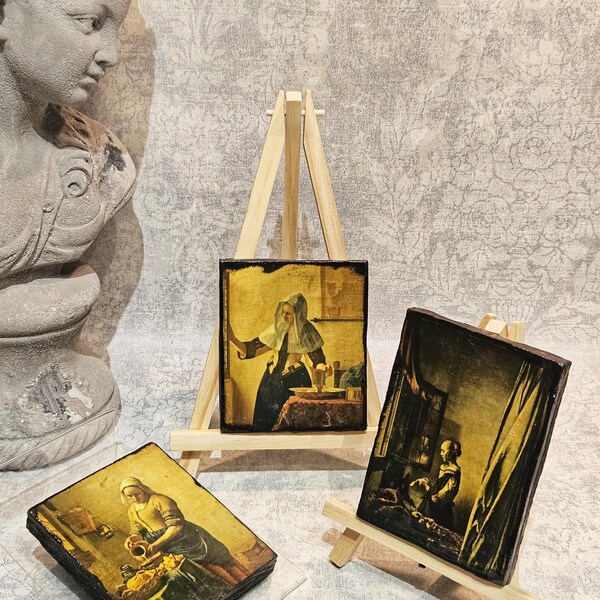 Unique Gift! Set of three small wooden plaques with Vermeer Prints. Vintage style Wall decor!