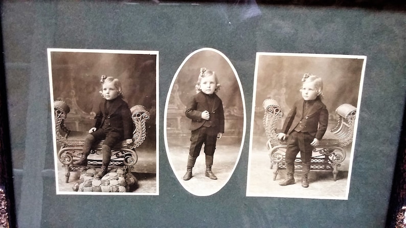 Stunning Large Boy Original Antique Sepia Photo with Frame and glass 1900/'s Three images composition!