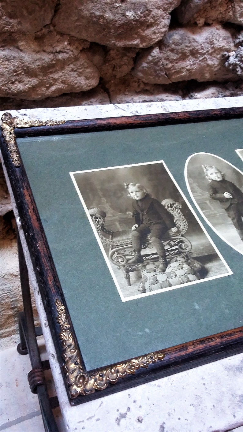 Stunning Large Boy Original Antique Sepia Photo with Frame and glass 1900/'s Three images composition!