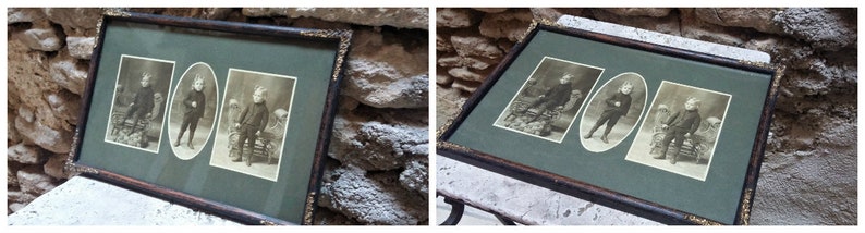 Stunning Large Boy Original Antique Sepia Photo with Frame and glass 1900/'s Three images composition!