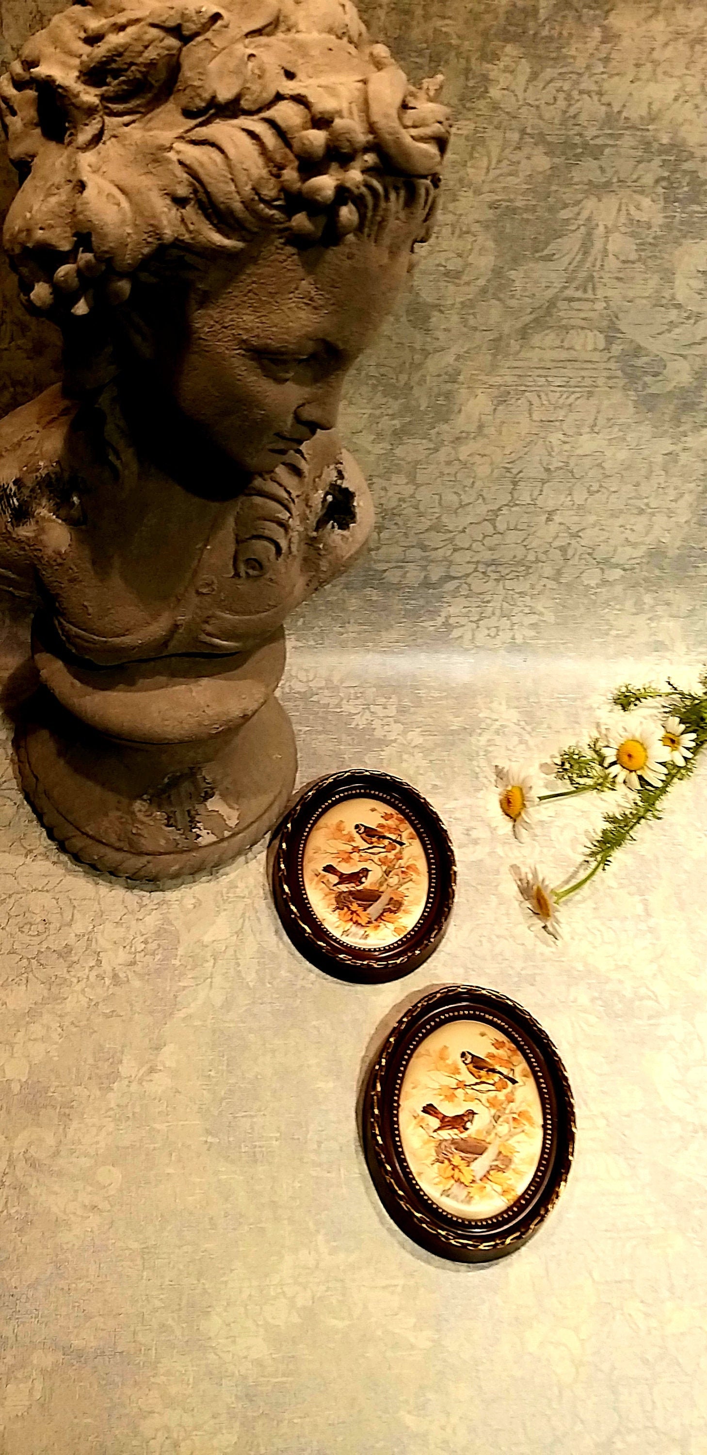 Français Ensemble Vintage de Deux Tentures Ovales en Soie Encadrées Imprimées Oiseaux avec Nid Cadea