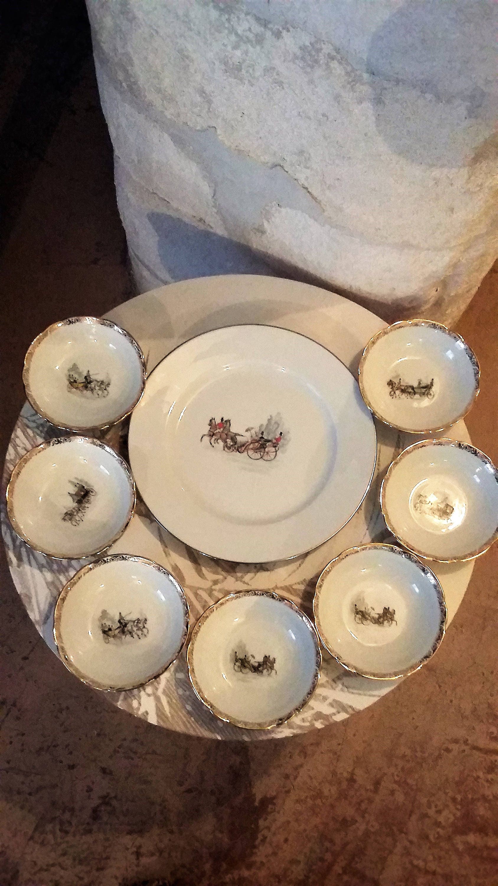 Bols à Dessert en Porcelaine Ensemble de 7 et Grande Assiette Limoges Motifs Transport Romantique Cu