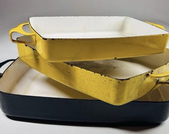 Lotto Dansk VTG Francia 3 pezzi Teglia da forno smaltata gialla e nera MCM Patina Retro