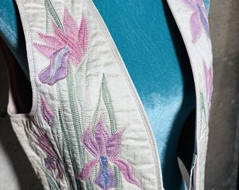 VTG 1982 Sandra Ward Signed Pogonia Orchid Quilted Art Magic Vest Festival Boho