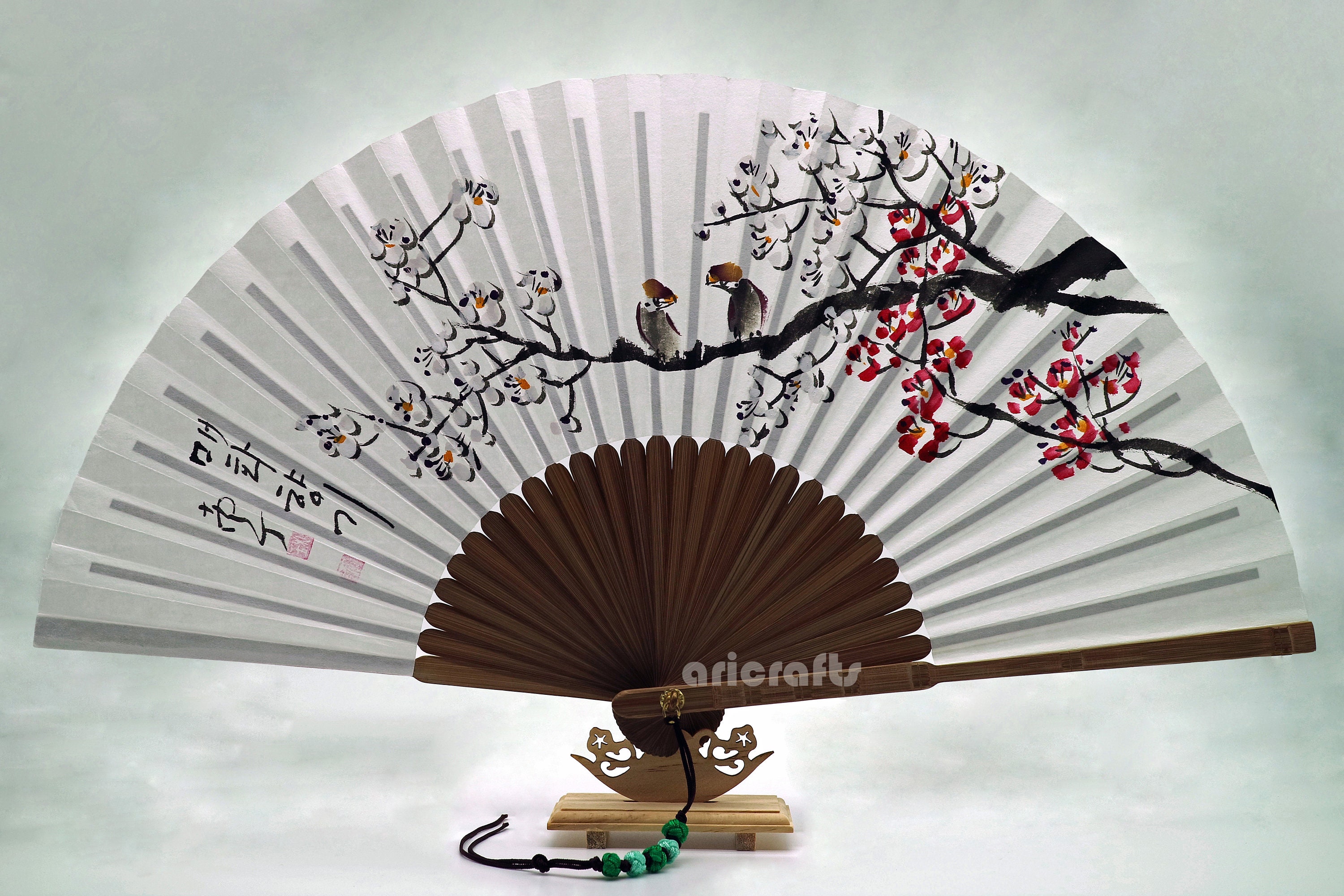 Hanguel Hand Painted Folding Fan Red Blossom Design Korean Etsy