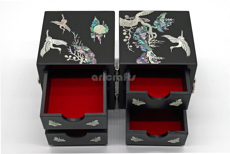Mother of Pearl Jewelry Box Crane Black Secret Lacquer Drawer Etsy UK