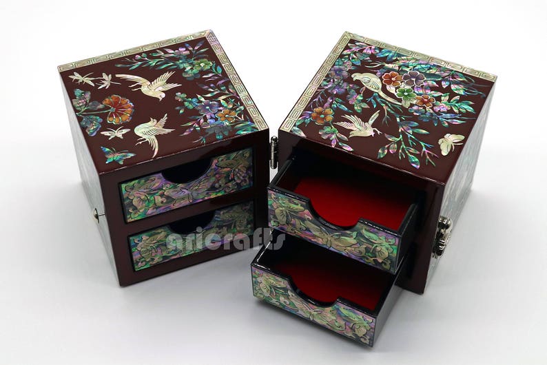 Mother of Pearl Jewelry Box Crane Secret Lacquer Wood Drawer Jewelry