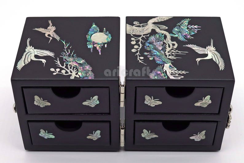 Mother of Pearl Jewelry Box Crane Black Secret Lacquer Drawer Etsy UK