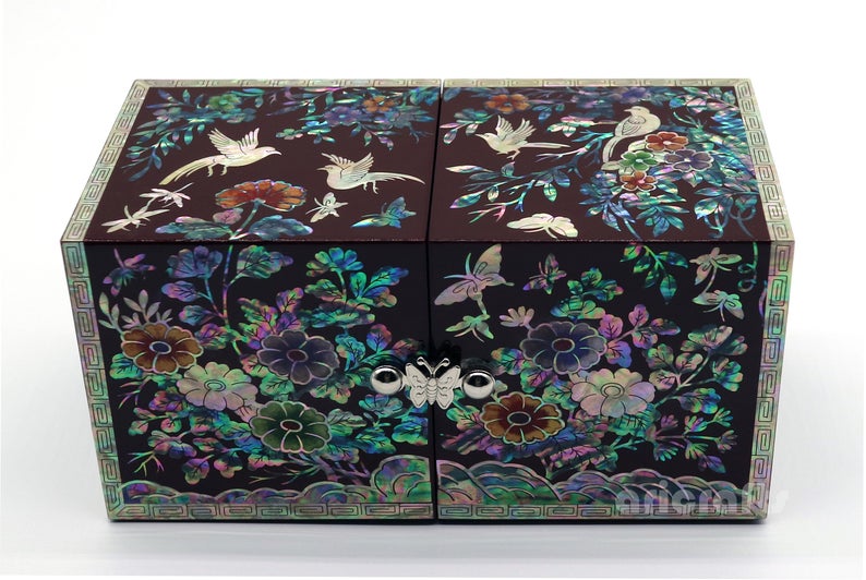 Mother of Pearl Jewelry Box Crane Secret Lacquer Wood Drawer Jewelry